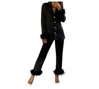 40539 Fe Ather Traje de dos piezas Manga Larga Color Sólido Camis Tops + Pantalones Largos Ropa de Dormir de 2 Piezas Ropa de Dormir Ropa de Dormir de Invierno Mujer Camisón Largo, Negro , M
