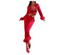 40539 Fe Ather Traje de dos piezas Manga Larga Color Sólido Camis Tops + Pantalones Largos Ropa de Dormir de 2 Piezas Ropa de Dormir Ropa de Dormir de Invierno Mujer Camisón Largo, rojo, XL