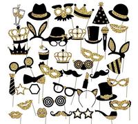 40Pcs Accesorios De Selfie De Baile, Accesorios De Foto De Fiesta De Cumpleaños, Accesorios De Foto Negro Y Oro Para Adultos Niños Fiesta De Boda