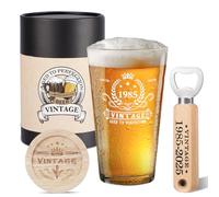 40th cumpleaños regalos para hombres, vidrio de cerveza vintage 1985, abrebotellas de madera, caja de regalo de cerveza vintage, posavasos de madera y tarjeta de felicitación, ideas de regalo de
