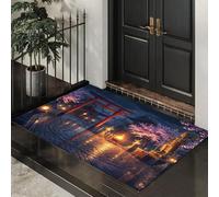 40X60Cm Felpudo Entrada Interior Antideslizante Paisaje Santuario Una Noche Lluviosa, Fantasía Japonesa Alfombra De Microfibra Suave Lavable Con Base De Goma Para Cocina Puerta Mascotas, Azul Oscuro