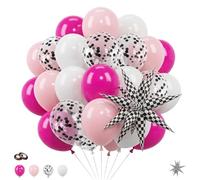 41 globos de cumpleaños rápidos para niñas, kit de globos temáticos de coche de carreras con rosa polvorienta, confeti rosa, negro y globos blancos, globo de aluminio de estrella explosiva a cuadros