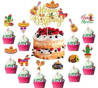 41 piezas Happy Birthday Fiesta decoración para tartas con guitarra cactus burro raqueta pimienta mexicano fiesta pastel decoración para fiesta mexicana tema baby shower cumpleaños fiesta pastel