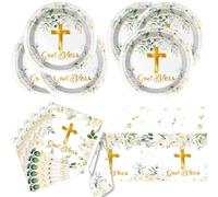 41 Piezas Vajilla Desechable Bautizo Comunión Set con Cruz Dorada God Bless para Decoración Cristiana Niña Niño Baby Shower Platos Papel Servilletas Mantel Fiesta Religiosa Elegante Primera