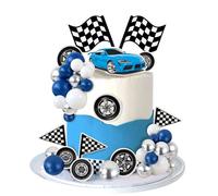 42 piezas azul coche de carreras decoración para tartas bandera chequeada rueda cupcake Topper bola decoración para carreras temática baby shower niños azul coche de carreras fiesta de cumpleaños