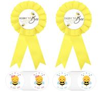 42 piezas de decoraciones de revelación de género de abeja bebé, pines de insignia para mamá y papá para ser y 40 calcomanías de equipo de chico de equipo, decoración de revelación de género con