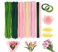 425 Piezas Limpiapipas Manualidades, Kit Flores Limpiapipas, Limpia Pipas Rosa, Ramo de Flores Limpia Pipas, con Cintas, Estambres y Papel de Regalo para Decorar Ramos tú Mismo