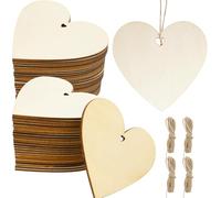 44 corazones de madera de 10 x 10 cm con cuerda de yute, decoración de corazones de madera con agujero para manualidades, colgantes de madera para bodas, corazones de madera para escribir libros de
