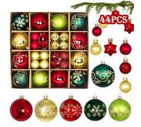 44 pcs Christmas Baubles Red Green Gold Set,Ø6/4.3/3cm Christmas Decoration Baubles with Hook,Christmas Tree Baubles Plastic Christmas Baubles Christmas Tree for Christmas Party Christmas Gifts