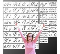 45 Hojas Plantillas Letras Alfabeto Números 19,7 * 12,8cm, Plantilla de Plástico Reutilizable Bonitas Letras Cursiva Letras Grandes Minúsculas Números y Signos para Pintar Spray, con Anillo Metálico