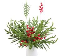 45 ramitas artificiales de pino Norfolk con 15 bayas rojas, 12.8 pulgadas, ramas de pino Norfolk de hoja perenne de Navidad, púas de hojas falsas para coronas, manualidades, decoración del hogar (tipo