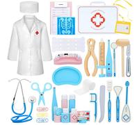 45 unidades de maletín médico para niños de madera con estetoscopio, jeringa, termómetro, juguete médico, bolsa de médico, juego de rol, regalo para niños, maletín de médico a partir de 3 años