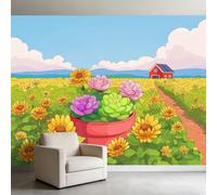 450 x 280 cm Papel pintado panorámico para niños niñas, Campo de girasoles de dibujos animados Póster gigante de pared 3D, decoración de pared premium para sala de estar, dormitorio adulto, dormitorio