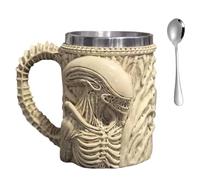 450ML Tazas Desayuno - Taza Cafe - Vasos De Cristal Agua, Tazas De Café Extraterrestre 3D Con Cuchara, Taza De Ciencia Ficción De Acero Inoxidable, Regalo De Cumpleaños Para Hombres(Beige)
