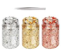 45g Copos de Lámina, BetterJonny Copos de Pan de Oro Copos de Imitación Metálico con Pinzas para Pintura Decoración de Uñas Adornos Artesanales(Oro, Plata, Oro Rosa)