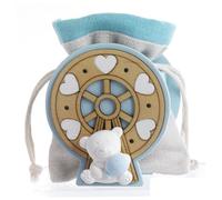 48 bolsitas para peladillas, bombonera para nacimiento, bautizo y cumpleaños de niño con osito celeste, 10 cm, de madera, porcelana y tela de almendras