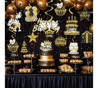 48 decoraciones de fiesta negras y doradas, remolinos colgantes de cumpleaños en negro y dorado para celebraciones de cumpleaños 18, 21, 30, 40, 50, 60