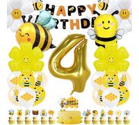 48 globos de abeja para decoración de cumpleaños, decoración de tartas, globos de abeja con guirnalda de feliz cumpleaños, margaritas, globos dorados para 4 años, decoración de cumpleaños infantil