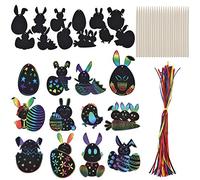 48 imágenes para rascar de Pascua, mágicas tarjetas de papel de estratificación de arcoíris para niños, forma de conejo de Pascua, con cintas, lápiz para rascar, arte para fiestas de Pascua