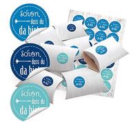 48 Petites boîtes cadeaux promotionnels Boîtes aspect bois blanc cadeau (14,5 x 10,5 cm, 3 cm de haut) et ronde autocollants Bleu Turquoise Belle, que tu es là Ø 4 cm,