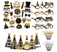 48 Piezas Accesorios para Fotos de Año Nuevo, Kit de Decoración Nochevieja 2026 Negro Dorado, Accesorios de Fiestas con Gafas y Sombreros para Decoración y Sesiones Fotográficas