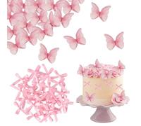 48 Piezas de Tapas Comestibles para Tartas con Mariposas, Obleas de Papel para Bodas y Cumpleaños, con 30 Lazos de Cinta de Satén para Fabricación de Tarjetas y Embalaje de Regalo (Rosa)