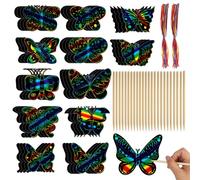 48 Piezas Scratch Art Para Niños Mariposa, Scratch Painting Arco Iris, Mágico Papel para Rascar con Cinta y Bolígrafo de Bambú para Decoración de Fiestas DIY,12 Estilos