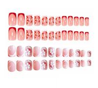 48 Piezas Uñas Postizas Cortas,Uñas Postizas Cuadradas con Pegamento de Gelatina,Uñas Cubierta Completa Francesa,Postizas Presión Flores para Mujeres y Niñas,con Patrones de Cerezas y Flores（1.5cm）