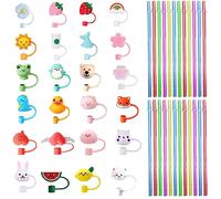 48 pzs Cubrepajitas y Pajitas Reutilizables, BOSOIRSOU Pajitas de Plástico con Puntas de Silicona Cubrepajitas Tapas Tapones Antipolvo para Pajitas de 6-8mm