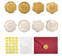 48 Sellos de Cera Autoadhesivos Blancos y Dorados, Pegatinas de Sellos de Cera con Diseños de Corazón, Romero y Rosas, Pegatinas de Sellos de Cera para Invitaciones, Sobres, Cumpleaños y Fiestas