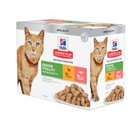 48 sobres x 85 g Hill's Science Plan Senior Vitality Pollo y Salmón Sobre en salsa para gatos ¡Pack Ahorro!