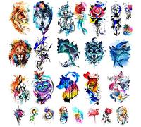48 tatuajes temporales de acuarela para adultos y niños, tatuaje corporal, acuarela, león, lobo, sirena, gato, tigre, impermeable, tatuajes temporales, realistas para mujeres y niñas