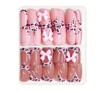 48 uñas postizas a presión de forma cuadrada brillante con lazos 3D, patrón de puntos de animales, uñas postizas de longitud corta para los amantes de la moda