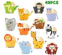 48pcs Jungle Safari Animal Cupcake Wrapper Wild One Birthday Heal Booth Props Suministros de fiestas de baby Shower Decoraciones de cumpleaos zoolg