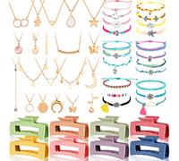 49 Pcs Jewelry Things for Teen Girls Cute Stuff Summer 21 Surfer Wave String Friendship Bracelets 20 Layered Choker Silver Gold Necklaces 8 Square Claw Hair Clips for Women Accessories (Sweet)
