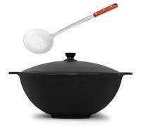 4BIG.fun Kazan de hierro fundido de 10 L con espumadera NAMANGAN Kazan Uzbeki con tapa de hierro fundido Uzbek Camping Uzbek olla giratoria Asia WOK olla con tapa de aluminio