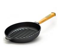 4BIG.fun Sartén de hierro fundido de 28 cm de diámetro, sartén de hierro fundido, para inducción, con mango de madera, sartén con tiras de parrilla, sartén para fuego, sartén de hierro fundido
