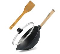 4BIG.fun Sartén Wok Ø24 cm 2,2 L de hierro fundido con mango de madera tapa de cristal Asia Wok sartén inducción sartén espátula