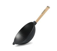 4BIG.fun Sartén wok con mango de madera, 26 cm, de hierro fundido, 2,8 L, para exteriores, para camping, barbacoa, utensilios de cocina, sartén wok de hierro fundido, sartén de inducción