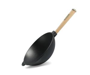 4BIG.fun Sartén wok con mango de madera, 26 cm, de hierro fundido, 2,8 L, para exteriores, para camping, barbacoa, utensilios de cocina, sartén wok de hierro fundido, sartén de inducción