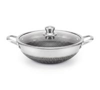 4BIG.fun Sartén wok de acero inoxidable Ø 32 cm con tapa de cristal, wok asiático apto para todas las placas, inducción, estructura de panal con revestimiento antiadherente