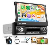4G+64G 7 Pulgadas Android Radio de Coche 1 Din con Pantalla Retráctil Manual con Inalámbrico Carplay Android Auto Navi GPS Mirror Link Bluetooth WiFi/FM/RDS/EQ/USB Controles del Volante Cámara Trasera