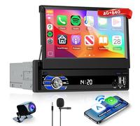4G+64G Inalámbrico Carplay Android 15 Radio Coche 1 DIN con Inalámbrico Android Auto Navi GPS WiFi 7 Pulgadas Touchscreen Retrattile Radio Coche con Mirror Link Bluetooth FM/RDS/EQ/SWC Cámara Trasera