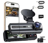 4K+1080P Dashcam Coche con Hardwire Kit para Modo Aparcamiento, 3 Canales Cámara de Coche WiFi, App Controlcon, Tarjeta 64G, Super Visión Nocturna, WDR, Grabación de Bucle, G-Sensores