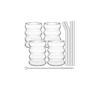 4pack Glasses Cute Ripple Retro Water Glass with Straw Ribbed Glassware Kitchen Coffee Juice Set-hao-Good