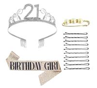4pcs 21 años Tiara Corona y Faja, Broche de Perlas, Horquillas Adecuado para Vestidos de Fiesta, Desfiles de Princesa, Decoraciones de Fiesta de Cumpleaños Fiesta, Decoración para Fiestas