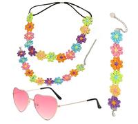 4Pcs Accesorios Hippie Mujer Accesorios Retro Estilo Años 60 y 70 Conjunto de Disfraces de Hippie Incluir Gafas Vintage Accesorios de Moda Bohemios para Mujer Colares Pulseras y Diademas de Girasol