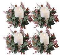 4pcs Anillos de Velas de Navidad, Hojas de eucalipto Artificiales Anillo de Corona de Vela 10 Candelabra de plástico Topper, Corona pequeña para pilares decoración del Centro de la Mesa de Bodas