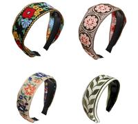 4pcs Boho Headbands Wide Hair Band,Wide Fabric Flower Embroidery Headbands Vintage Ethnic Headpiec,Boho Handmade Embroidery Bohemia Flowers Wide Vintage Ethnic Style Hair Band