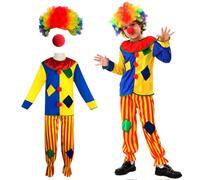 4Pcs Disfraz De Payaso Infantil, Clown Costume, Payaso narices Rojas, Payaso Peluca rizada, Accesorios para Disfraz Payaso Halloween Y Circo, Cosplay de Carnaval(L:110-130CM)